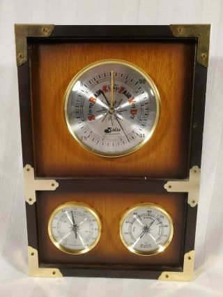 Vintage Selsi Wall Weather Station Barometer Hygrometer Thermometer Wood Brass