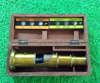 Vintage Brass Portable Microscope W/ Wooden Carrying Case,  Ship