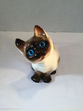 Vintage Enesco Ceramic Siamese Cat Figurine 6 - 1/4”blue Eyes Looking Up