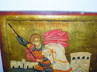Vintage Greek St George & Dragon Egg Tempera & Gold Leaf on Wood Icon 3