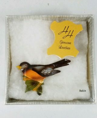 Vintage Hand Tooled Leather Robin Bird Pin Hand Painted Canada Hh Euc