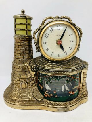 Vintage United Clock Corp Brass Tone Sailboats Lighthouse Motion Clock 3