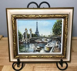 Vintage Eiffel Tower Framed Signed Small Petite Oil Painting On Canvas 7”x 6”