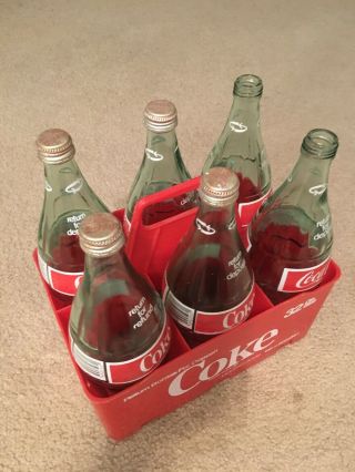 6 Pack 32oz Quart Vintage Coca Cola Glass Bottles 4 Caps Plastic Carrier 1980s