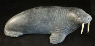 Large Vintage Inuit Eskimo Carved Stone Walrus.  Signed “kohoktak”.  11 ¼” X 5 ½”
