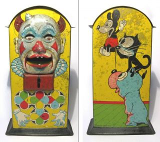 1929 Jolly Joe Clown/mickey Mouse&felix Cat Tin Mechanical Bank Matarazzo Brazil