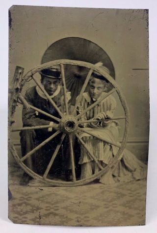 Tintype,  Man And Woman Posing With Wooden Wagon Wheel,  Comical Humorous Funny
