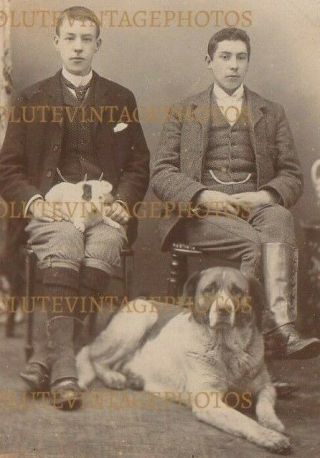 OLD CABINET PHOTO YOUNG MEN WITH PET DOGS FRYER STUDIO WORCESTER VINTAGE C.  1890 2