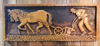 Vintage Hand Carved Wood Art Wall Plaque Farmer Horse And Plow Farm Scene Rustic
