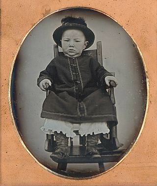 Upset Child With Hat On Rocking Chair In Red Case 1/6 Plate Daguerreotype E966