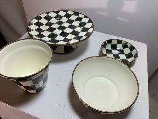 Mackenzie Childs Black Courtly Check Enamel Mini Cake Stand And 3 Bowls
