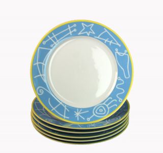Joan Miro For Habitat Set Of 6 Dinner Plates 10 1/2 " Sky Blue And Yellow