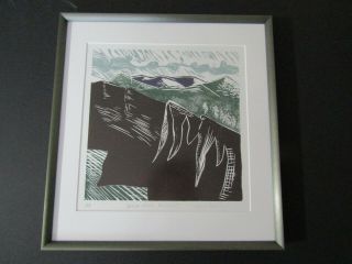 Mid Century Modern Woodblock Print Lino Cut Mt.  Rainier Signed Framed
