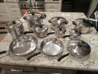 19 Pc 1801 Revere Ware Copper Bottom Stainless Pots,  Pans,  Skillets Cookware Usa