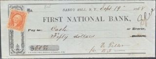 Sandy Hill Ny - Hudson Falls / First National Bank Check 1868,  Irs Stamp R15