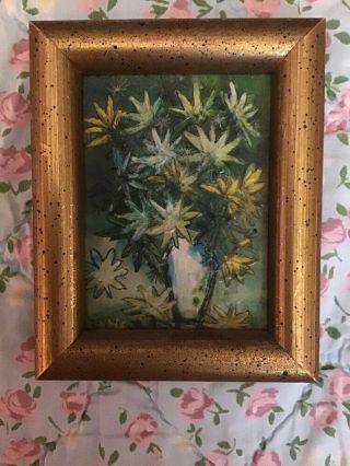 Danny Garcia Painting White & Yellow Flowers In Vase 2 3/4 X 4 1/4” Signed 3