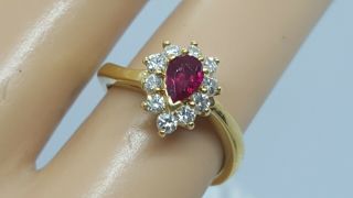 Vintage Kw 750 18k Yellow Gold Ruby & Diamonds Curvy Ring