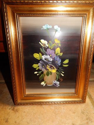 Vtg Bouquet Flowers Miniature Oil Painting On Copper,  Signed,  Framed