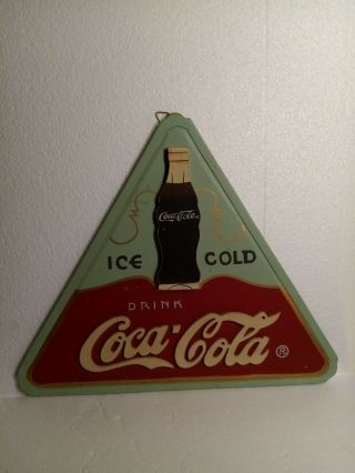 Vintage 10x12 " Triangle Wooden Sign Ice Cold Drink Coca - Cola Ships Right Now
