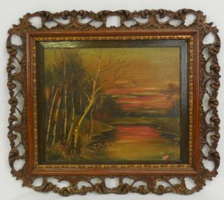 Antique Sunset Oil Painting Ornate Victorian Frame