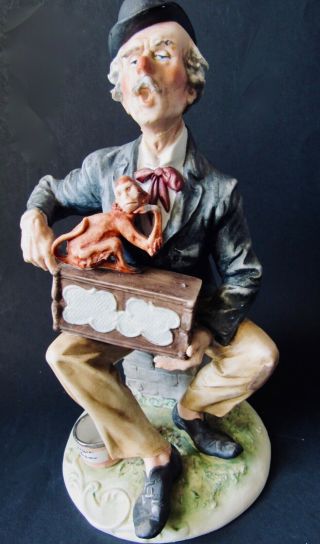 Rare Capodimonte Porcelain " Organ Grinder " Musician & Monkey Figurine,  Marked
