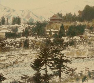 C1870 Japan Large Tinted Albumen Photo Temple Or Palace Snow Scene With Town