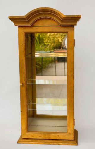 Italy Gilt Gold Wall Display Cabinet Curio Wood Glass Mirror 3 Shelves