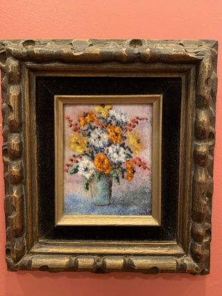 Small Signed Still Life Mid - Century Modern Enamel On Copper Painting Floral