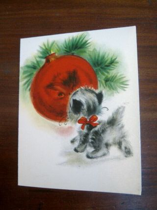 Vtg Mid Century Hallmark Christmas Card,  Kitten Cat Looking At Ornament,
