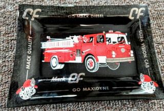 Vintage Mack Truck " Chief " Fire Truck Smoked Glass Ashtray.