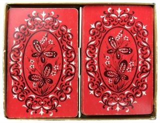 2 Vtg Decks Canasta Playing Cards By Arrco Red Black White Butterflies Design