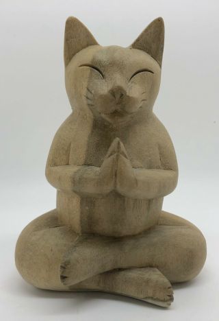 Hand - Carved Wood 5 " Meditating Buddha Kitty Cat Sculpture Figurine (rf1002)