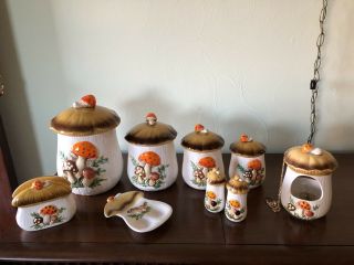 Merry Mushroom 1963 Kitchen Set - 4 Canisters,  Napkin Holder And More