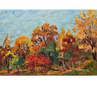 Autumn Forest Landscape Vintage Oil Painting By M.  Borymchuk 1970s