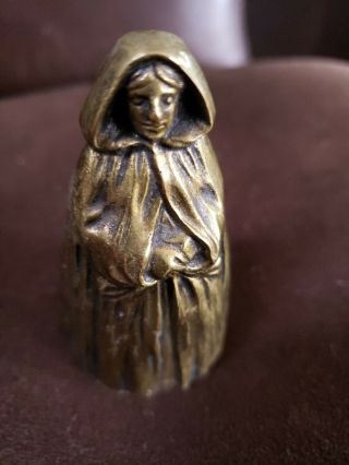 Antique Brass Figure Bell,  Lady With A Cape 3.  25 " Desk Bell (rare)