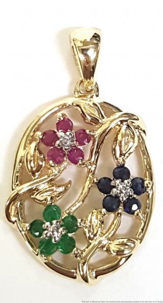 Solid Yellow Gold Natural Ruby Sapphire Emerald Diamond Vintage Flower Pendant