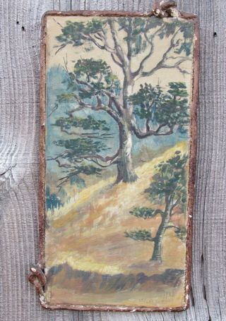 Fabulous Folk Art Landscape Wood Painting W Rope Frame Signed M Galbraith 1938