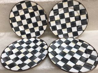 4 Mackenzie Childs Courtly Check Hand Painted Enamel 8 " Salad/dessert Plates