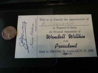 1940 Wendell Willkie For President Campaign Appointment Card St.  Louis Sgt Arms