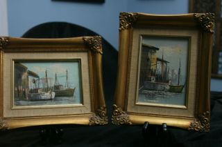 Vintage Oil Painting On Board,  Set Of 2,  Ship Harbor Scene Framed,  Blue