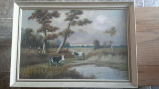 M.  Zampella Oil Painting Of Livestock And A Woman Near A Watering Hole