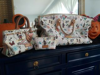 Disney Dooney & Bourke White Sketch Weekender Luggage,  Cosmetic Pouch And Purse