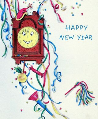 Vntg Happy Year Card W Anthropomorphic Clock Face,  Party Decorations Norcross