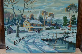 Vintage Paint By Numbers Winter Scene Painting Country Snow Woodstove House