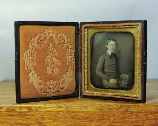 Outstanding 1/6 Plate Daguerreotype Of A Young Boy Holding A Daguerreotype