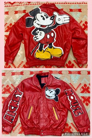 Vintage 90’s Red Leather Disney Mickey Mouse Ovp Double Sided Custom Jacket M