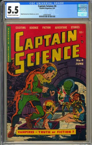 Captain Science 4 Pre - Code Golden Age Alien Cover Youthful Comic 1951 Cgc 5.  5
