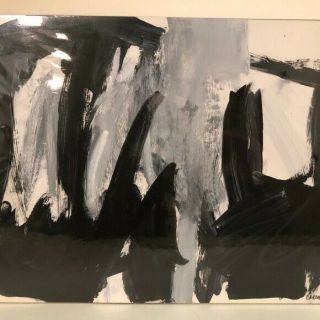 1980s Vintage Abstract Expressionist Acrylic On Paper Black And White