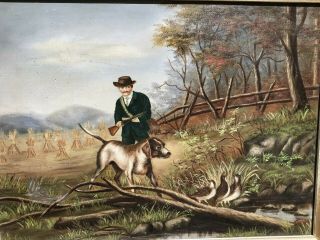 19th Century American Primitive Oil Of A Hunter And His Dog With Quail