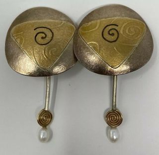Vintage Sydney Lynch Sterling Gold Wash Hand Made Dangle Pearl Clip Earrings 2